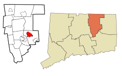 Storrs' location within Tolland County and Connecticut