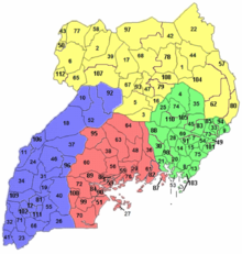 la regionoj de Ugando (laŭ distriktaj limoj de 2010)   centra -   okcidenta -   orienta -   norda