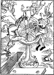 Wheel of fortune as depicted in Sebastian Brant's book, author Albrecht Durer Wheel of fortune.png