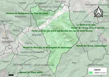 Carte des ZNIEFF de type 1 sur la commune.