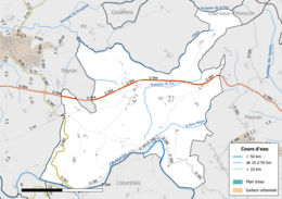 Carte en couleur présentant le réseau hydrographique de la commune