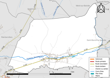 Carte en couleur présentant le réseau hydrographique de la commune