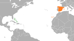 Map indicating locations of Bahamas and Spain
