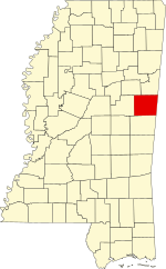 Map of Mississippi highlighting Noxubee County