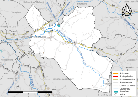 Carte en couleur présentant le réseau hydrographique de la commune