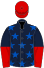 Dark blue, royal blue stars, dark blue and red halved sleeves, red cap