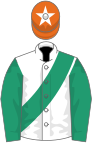 White, emerald green sash and sleeves, orange cap, white star