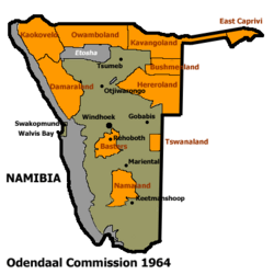 Allocation of Land to bantustans according to the Odendaal Plan. East Caprivi is in the top right corner.