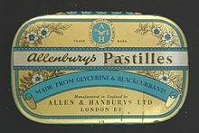 Later design of tin for "Allenburys" blackcurrant pastilles Allenbury small.jpg