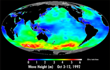 Mapa da média de amplitude de ondas no período de 3 a 12 de outubro de 1992, feito pela NASA.