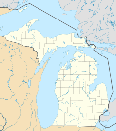 Mapa konturowa Michigan, na dole nieco na prawo znajduje się punkt z opisem „LAN”