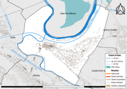 Carte en couleur présentant le réseau hydrographique de la commune