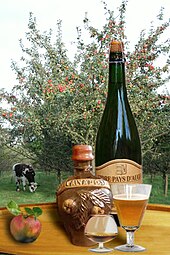 photographie représentant des produits cidricole,cidre et calvados dans le cadre d'une prairie complanée