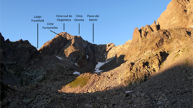 Vue de la cime Purtscheller, au sein du groupe de l'Argentera, depuis l'ouest.