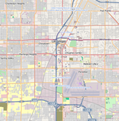 Mapa konturowa Las Vegas, blisko centrum u góry znajduje się punkt z opisem „Desert Inn”