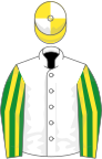 White, green and yellow striped sleeves, yellow and white quartered cap