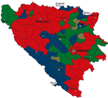 Stanovništvo Bosne i Hercegovine po općinama prema popisu iz 1961. godine; Hrvati - tamno plava, Srbi - crvena, Muslimani - zelena, Jugosloveni - maslinasta