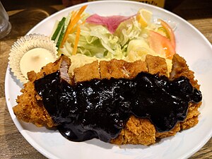 Dark miso sauce on tonkatsu