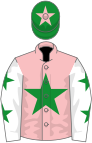 Pink, green star, white sleeves, green stars, green cap, pink star