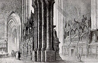 Panteons de Poblet (intérieur de l'abbaye de Poblet), lithographie de Francisco Javier Parcerisa dans Recuerdos y bellezas de España (es) (volume sur la principauté de Catalogne, 1839).