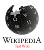 Logo Wikipedia yang memaparkan nama "Wikipedia" dan perkataan "Menguji Wiki" di bawahnya, berwarna merah, dalam bahasa Inggeris