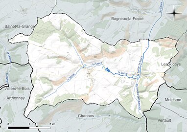 Carte en couleur présentant le réseau hydrographique de la commune