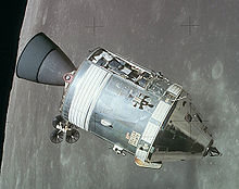 Apollo 15 CSM in lunar orbit; it has dark rocket nozzle made from niobium-titanium alloy Apollo CSM lunar orbit.jpg