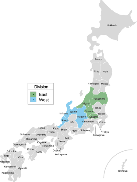 Map of Japan noting prefectures that host teams from the Baseball Challenge League (now known as Route Inn BCL)