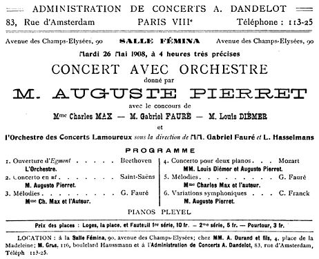 Announcement for the Orchestre des Concerts Lamoureux conducted by Gabriel Fauré and Louis Hasselmans, 1908