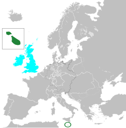 Europe in 1815, Malta in dark green, United Kingdom in cyan
