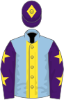 Light blue, yellow stripe, purple sleeves, yellow stars, purple cap, yellow diamond