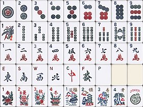 America style. Numbers or letters are marked in a different position than Europe style. Joker tiles are present. "Plum blossom, Orchid, Chrysanthemum, Bamboo" are replaced by "福 Fortune; 禄 Prosperity, 寿 Longevity, 貴 Nobility".