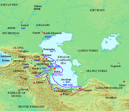 Map showing major Rus' raids (blue dates) in mid-9th to mid-11th century, around the Caspian Sea. Rus Caspian.png