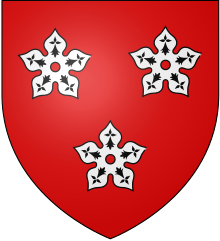 Undifferenced arms of the chief of Clan Hamilton, gules, three cinquefoils ermine Arms of Hamilton.svg