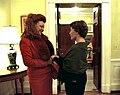 Chantal Biya and Laura Bush after a coffee in the White House's Yellow Oval Room, 2003