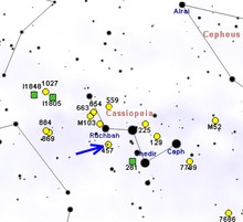 Map showing the location of NGC 457 in the constellation of Cassiopeia. NGC 457 map.png