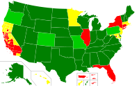Mapa států USA dle možnosti viditelného nošení krátkých zbraní