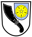 Gemeinde Bindlach In Silber ein schräg gestelltes schwarzes Messer, darüber im linken Obereck ein blaues Schildchen mit einer goldenen heraldischen Rose.