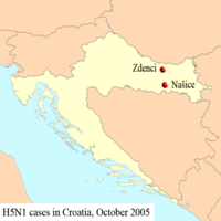 Locations of 2005 outbreaks in Croatia 2005-Croatia map H5N1.png