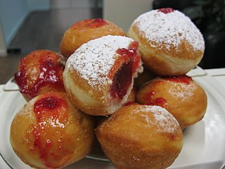 <i>Sufganiyah</i> Round jelly-filled doughnut served at Hanukkah