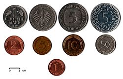 Série des différentes pièces du Deutsche Mark.