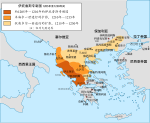 Map of the Balkans, with the original core of Epirus and its conquered territories shown in various shades of orange