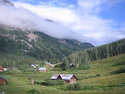 Gothic, Colorado, behind some buildings of the Rocky Mountain Biological Laboratory