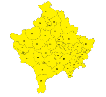 Kaart met gemeenten Kosovo in 2008