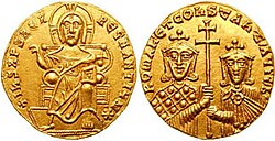 Obverse and reverse of a gold coin, showing Christ enthroned and two crowned rulers jointly holding a cross