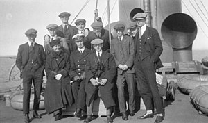 The gold medal-winning Winnipeg Falcons (representing Canada), pictured en route to the 1920 Olympics, which were counted as the first ice hockey World Championships Winnipegfalcons.jpg