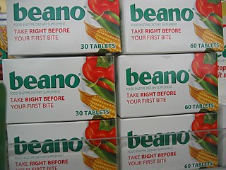 <span class="mw-page-title-main">Beano (dietary supplement)</span> Enzyme-based dietary supplement that is used to reduce gas in the digestive tract