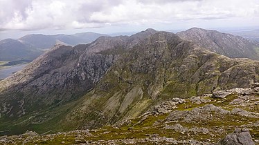 View from Benbaun to Bencollaghduff (c), and ridge to Bencorr and Derryclare behind