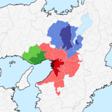 Keihanshin with Osaka (red), Kobe (green), and Kyoto (blue)