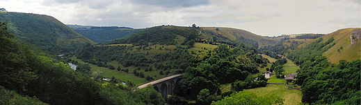 Panorama of Monsal Dale and the Headstone Viaduct MonsalDalePanoramaLightened.jpg